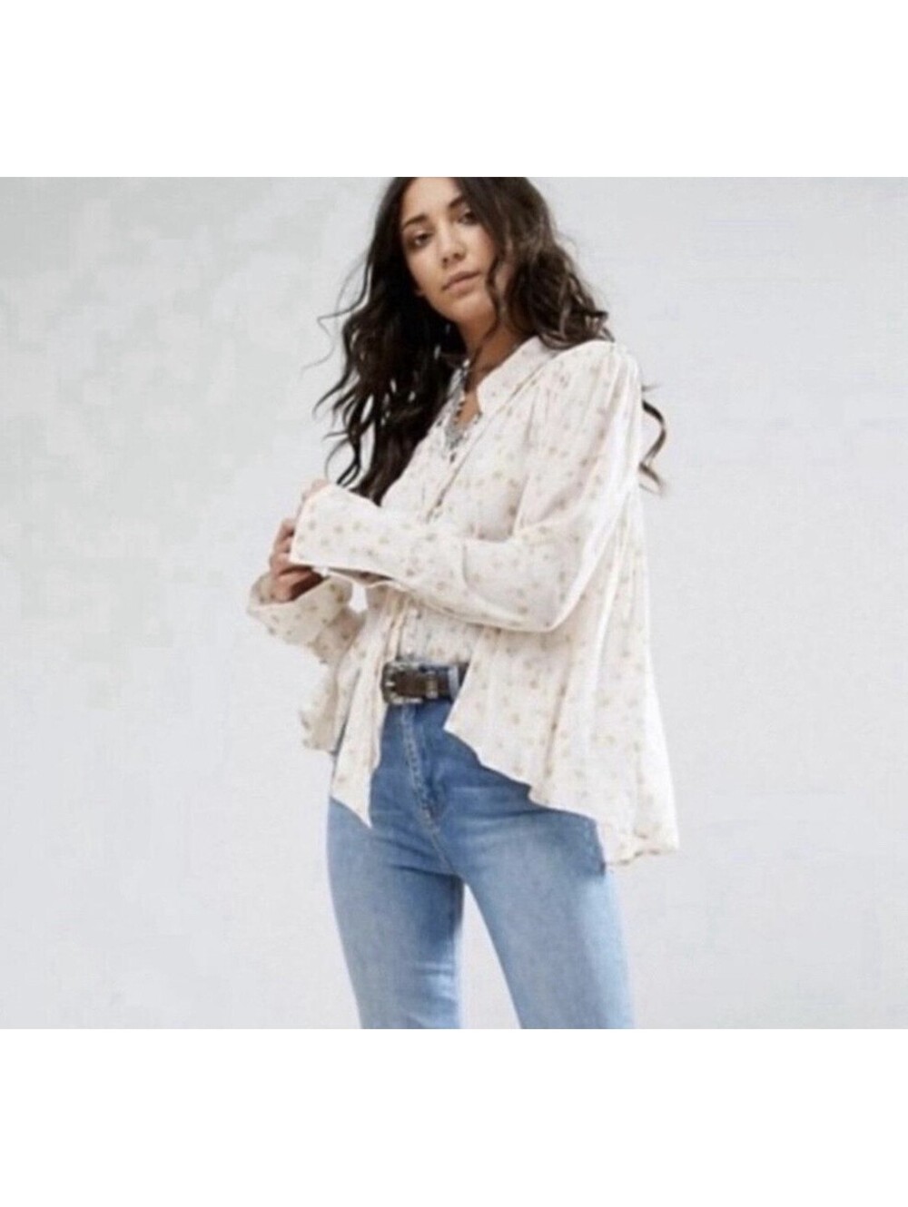 FREE PEOPLE Floral Modern Muse Boho Blouse (No Tie) In Ivory Combo-Size Medium